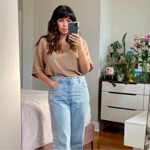 Zara Women's Beige V-Neck Oversized Top Size M